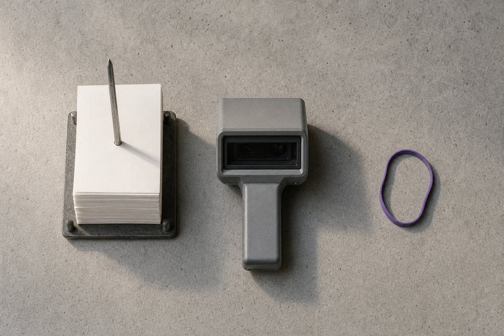 Belegspieß mit einem dicken Stapel leerer Quittungszettel, daneben ein grauer Scanner-artiger Kasten und ein violettes Gummiband