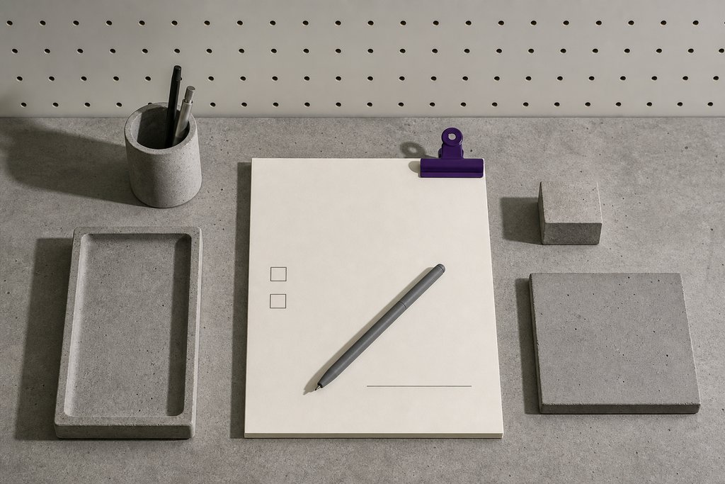Leeres Formularblatt mit zwei Ankreuzfeldern und einer Unterschriftslinie, ein Stift quer darüber, eine violette Klammer an der Ecke