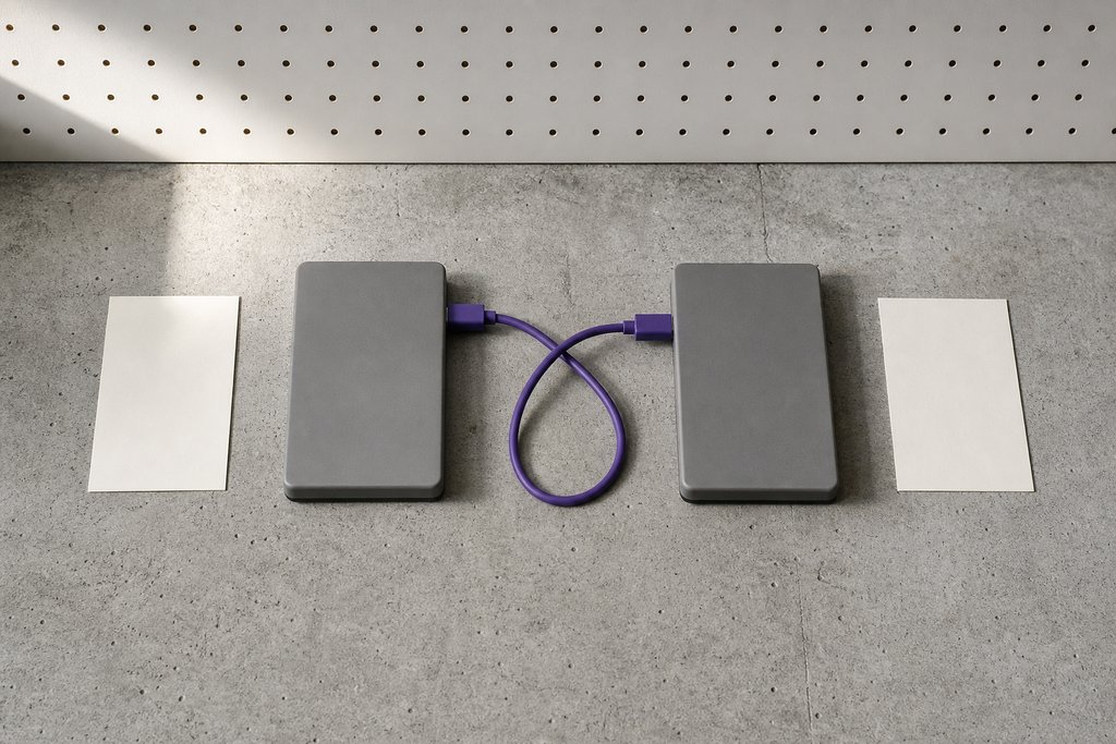 Zwei graue externe Festplatten nebeneinander, durch ein locker geschlungenes violettes Kabel verbunden, daneben je eine leere Karte