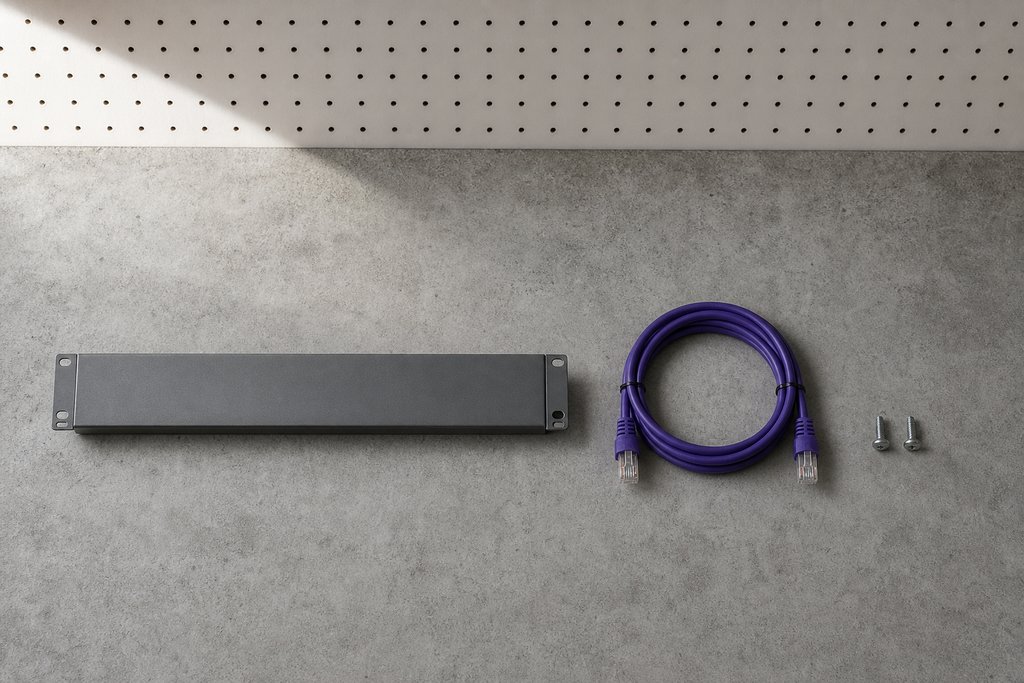 Graue Rackblende ohne Beschriftung flach auf Sichtbeton, aufgerolltes violettes Patchkabel und zwei Schrauben daneben
