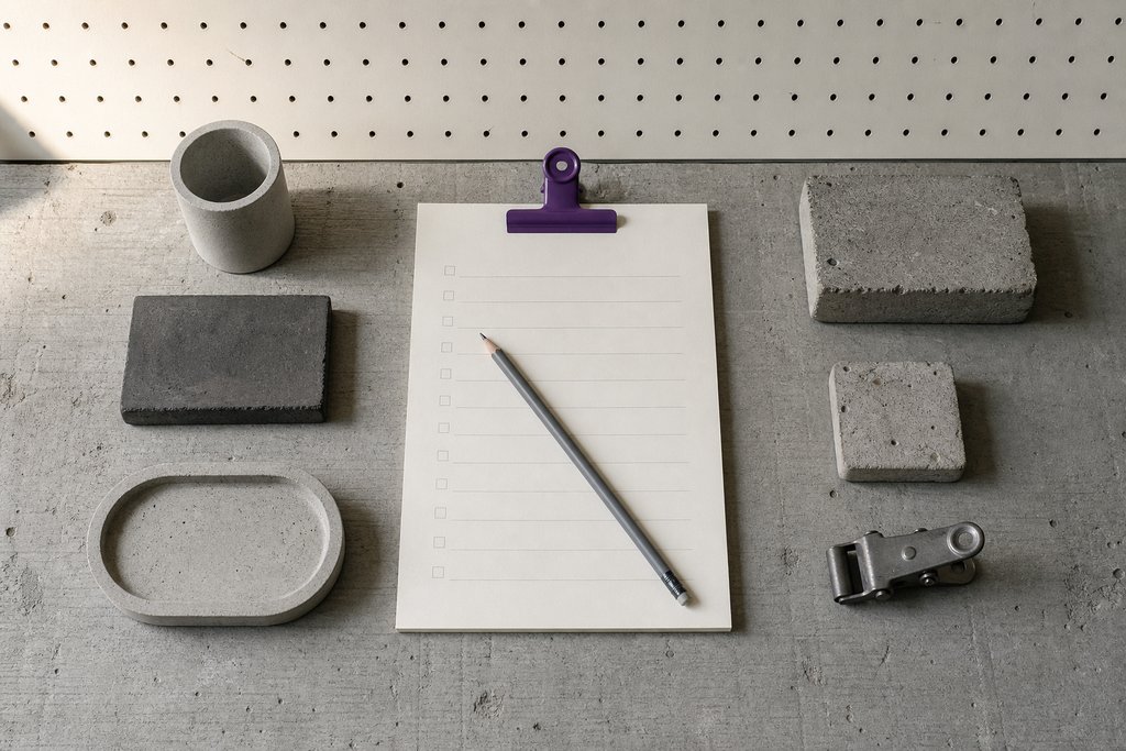 Leeres Prüfblatt mit feinen Linien und Ankreuzfeldern, ein Bleistift quer darüber, oben eine violette Klammer