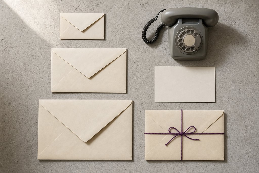 Vier cremefarbene Briefumschläge unterschiedlicher Größe, ein grauer Telefonhörer und eine leere Notizkarte, ein Umschlag mit violettem Faden