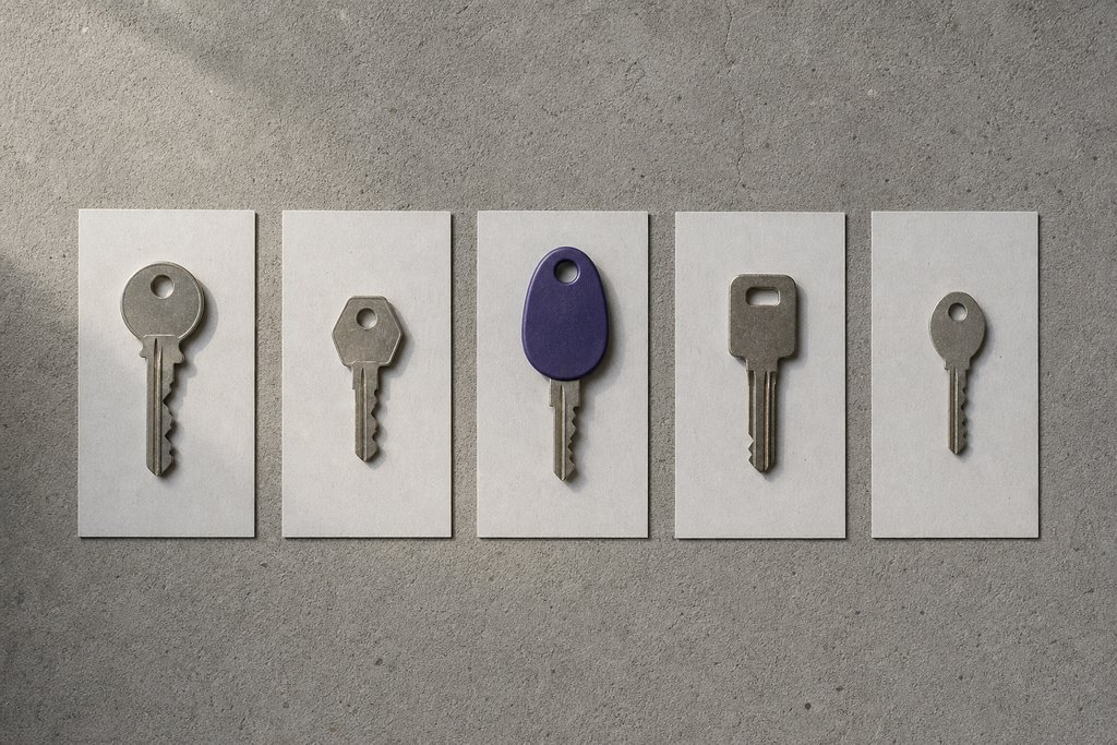 Fünf verschieden große Stahlschlüssel in einer Reihe, jeder auf einer leeren Karteikarte, einer an einem violetten Anhänger