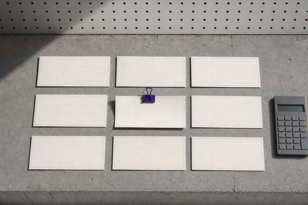 Raster aus leeren Zahlungsbelegen, einer davon leicht angehoben und von einer violetten Klammer gehalten, daneben ein grauer Taschenrechner