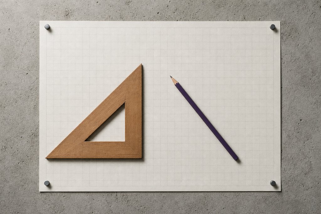 Leeres Rasterblatt mit vier Stahlnadeln aufgesteckt, ein hölzernes Geodreieck darauf und ein violetter Stift