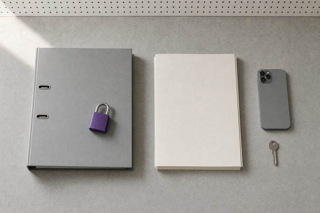 Grauer Aktenordner flach liegend mit violettem Vorhängeschloss darauf, daneben leere Antragsformulare, ein umgedrehtes Smartphone und ein Schlüssel