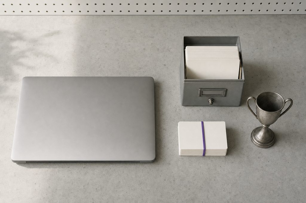 Zugeklappter grauer Laptop, ein Karteikasten aus Metall mit leeren Karten, ein Stapel Mitgliedskarten mit violettem Gummiband und ein kleiner Pokal auf Sichtbeton