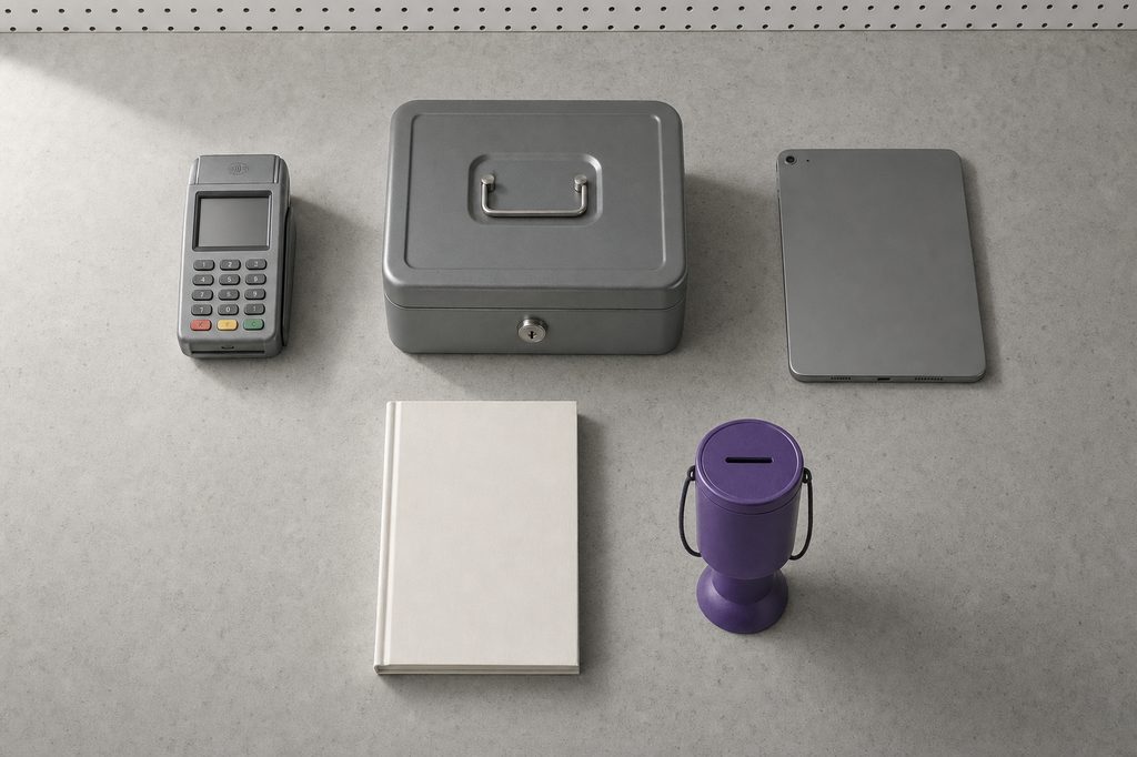 Kleines graues Kartenlesegerät, eine geschlossene Geldkassette, ein umgedrehtes Tablet, ein leeres Kassenbuch und eine violette Spendendose auf Sichtbeton