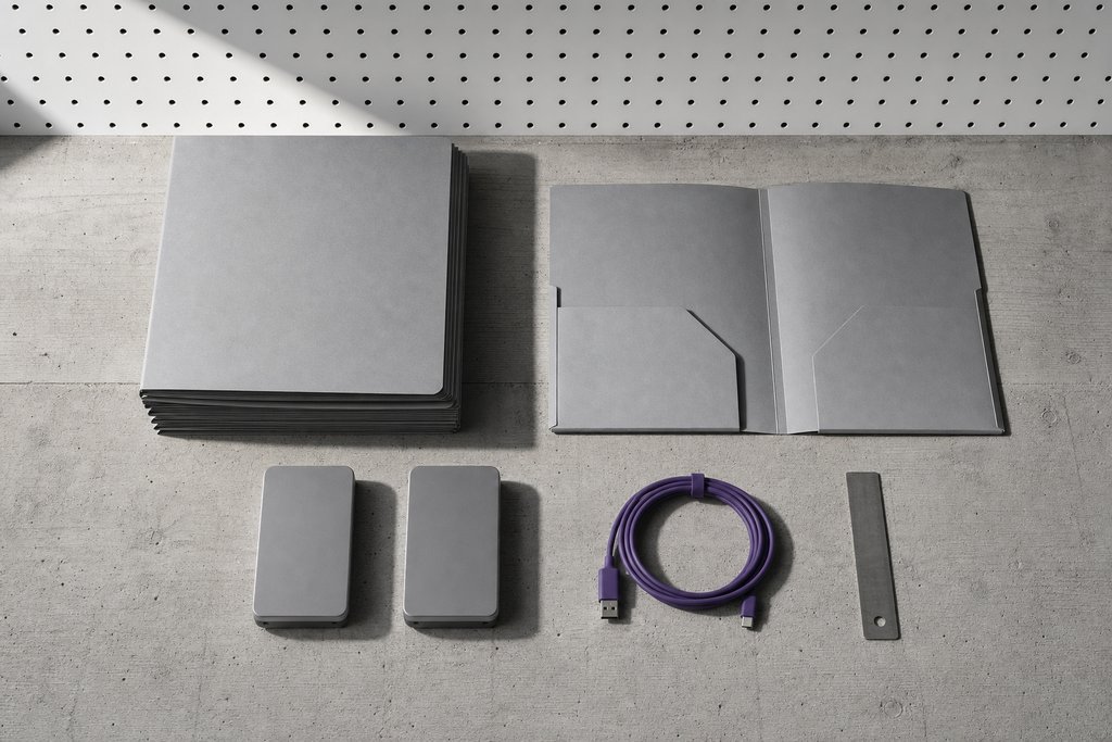 Stapel unbeschrifteter grauer Dokumentenmappen, eine offene leere Mappe, zwei graue Festplatten und ein violettes Kabel