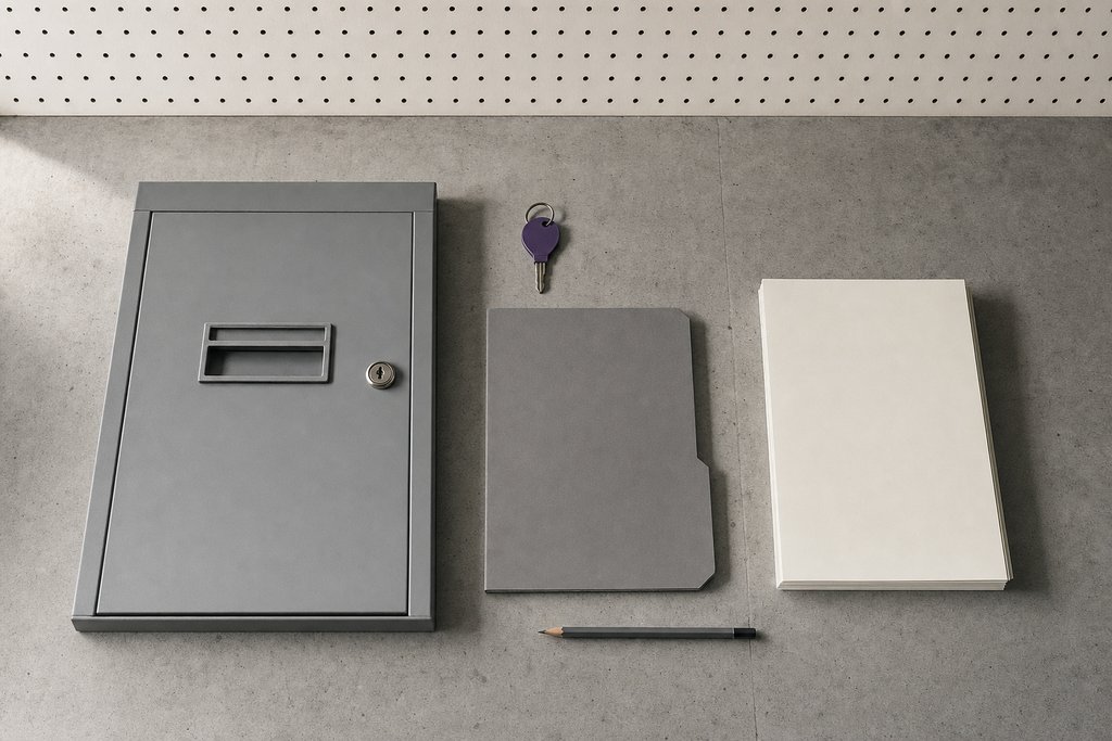 Graue Aktenschrank-Schublade flach liegend mit sichtbarem Schloss, ein Schlüssel am violetten Anhänger, eine geschlossene Dokumentenmappe
