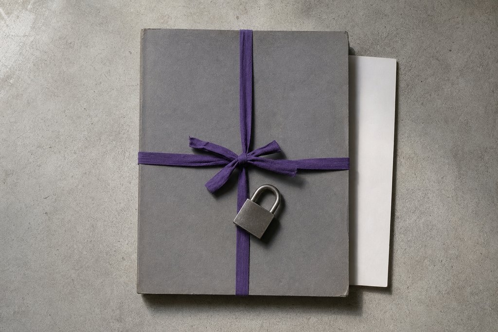 Geschlossene graue Dokumentenmappe mit violettem Bindeband, darauf ein kleines Stahlvorhängeschloss, darunter ein leeres Blatt