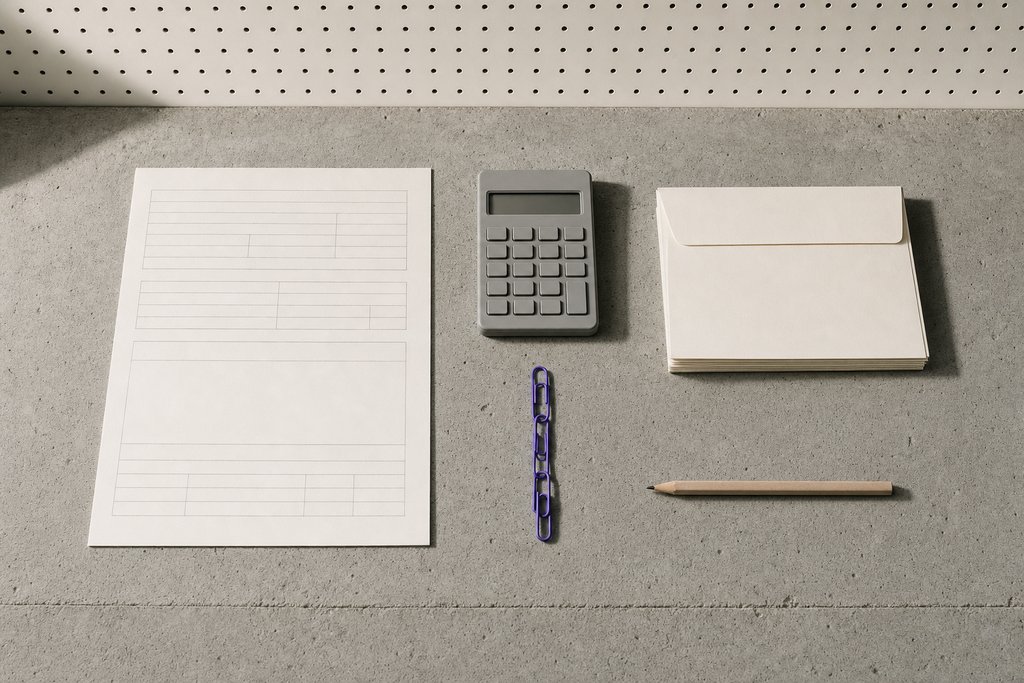 Leeres Antragsformular mit feinen Kästchen, ein grauer Taschenrechner, Briefumschläge und eine violette Büroklammerkette