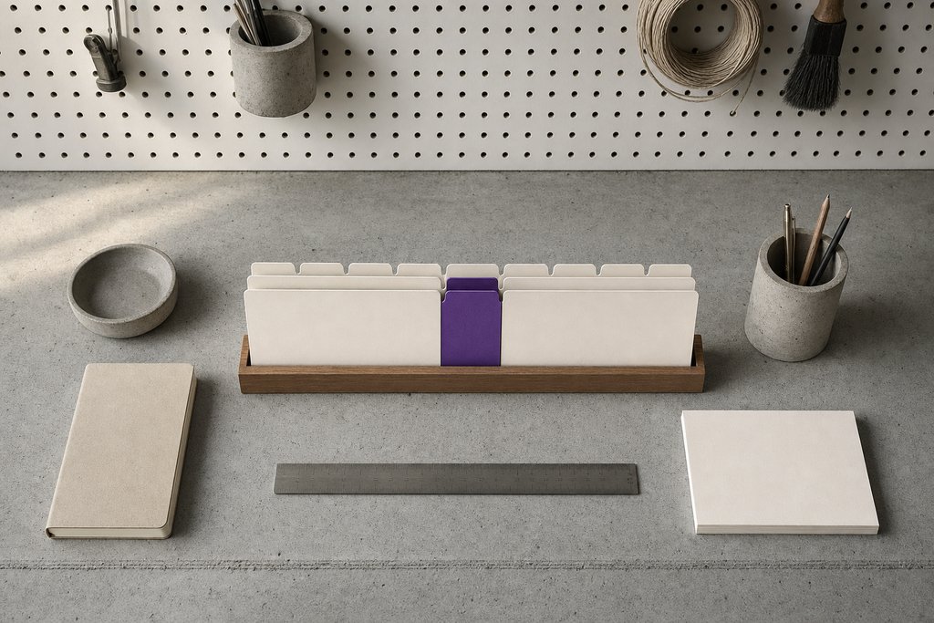 Reihe leerer heller Registerkarten aufrecht in einer Holzschale, alle unbeschriftet, die mittlere violett, davor ein Stahllineal