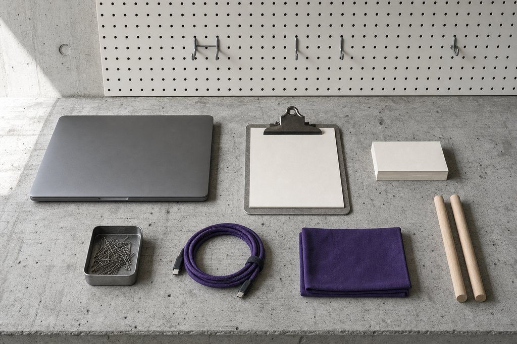 Aufgeräumte Werkbank aus Sichtbeton mit Laptop, Klemmbrett, Karteikarten und violettem Kabel vor einer Lochwand