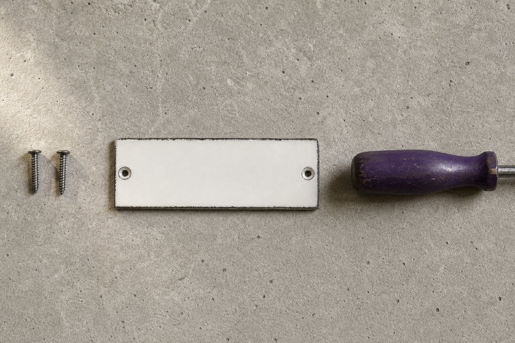 Kleines leeres Emailleschild ohne Beschriftung auf Sichtbeton, zwei Stahlschrauben daneben, ein violetter Schraubendrehergriff