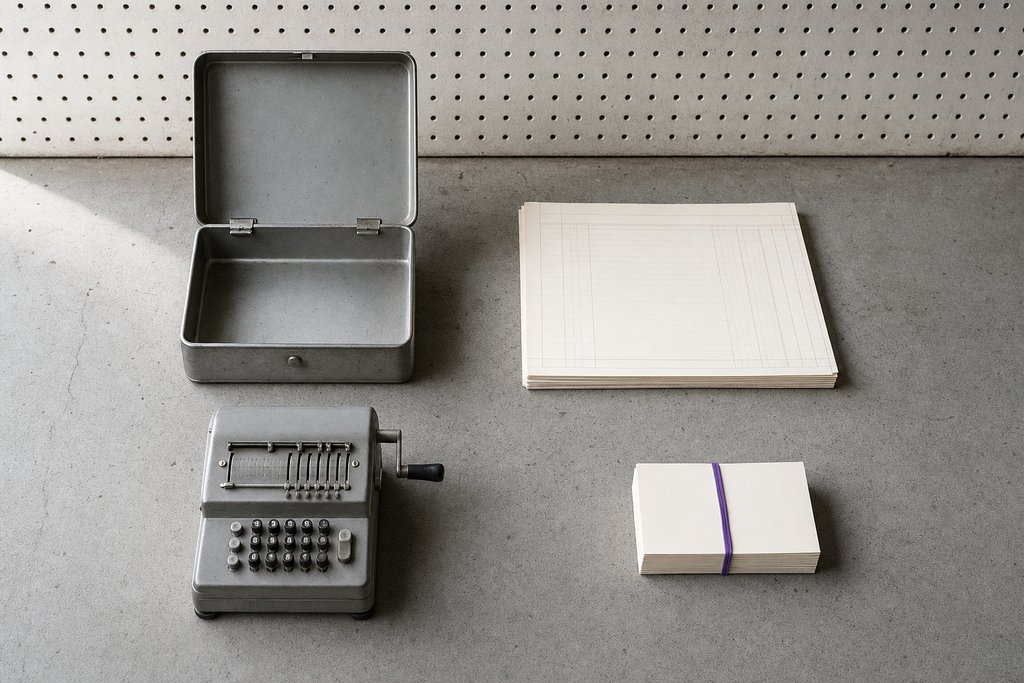 Offene leere Geldkassette aus Stahl, ein Stapel leerer Buchungsblätter, eine mechanische Addiermaschine und ein violettes Gummiband