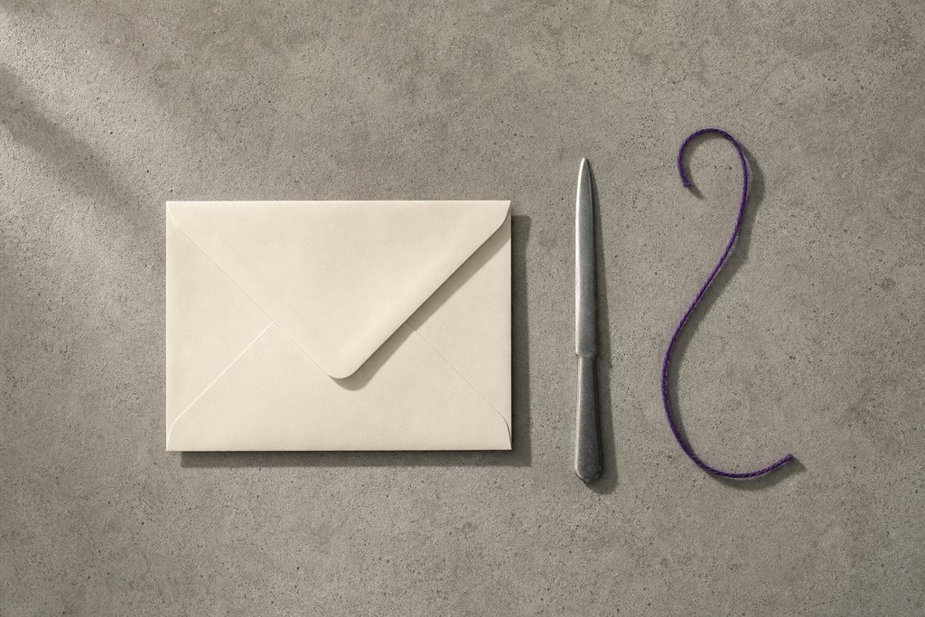 Ein cremefarbener Briefumschlag auf Sichtbeton, daneben ein Brieföffner aus Stahl und ein lose gelegter violetter Faden