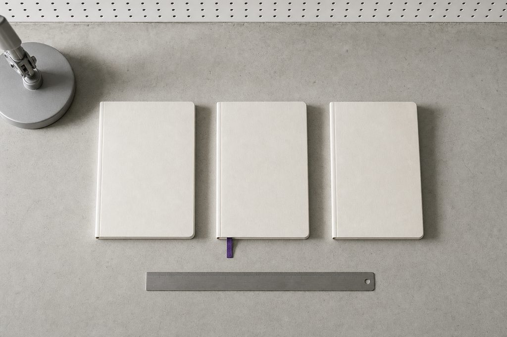 Drei geschlossene helle Notizhefte nebeneinander auf Sichtbeton, ein violettes Lesebändchen im mittleren, darunter ein Stahllineal
