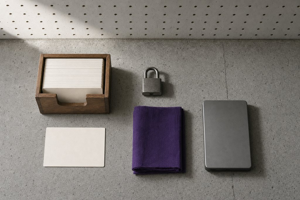 Karteischublade mit leeren Karten, ein herausgehobenes Blatt daneben, ein kleines Vorhängeschloss und ein violettes Tuch