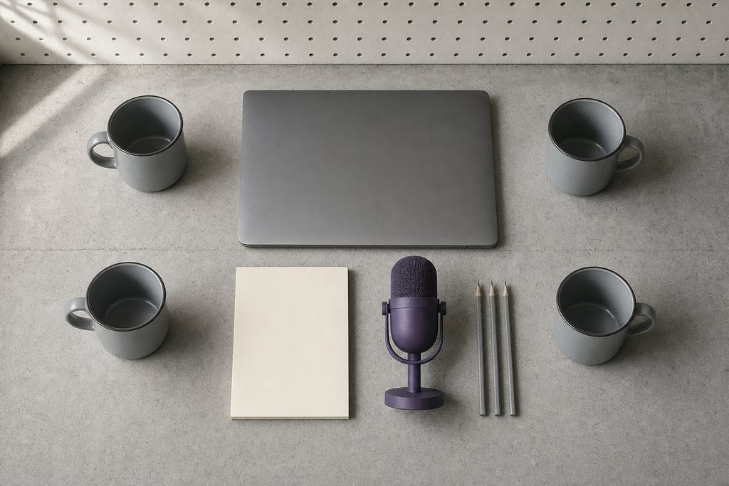 Vier graue Emailletassen um einen geschlossenen Laptop, ein leerer Notizblock und ein violettes Tischmikrofon auf Sichtbeton