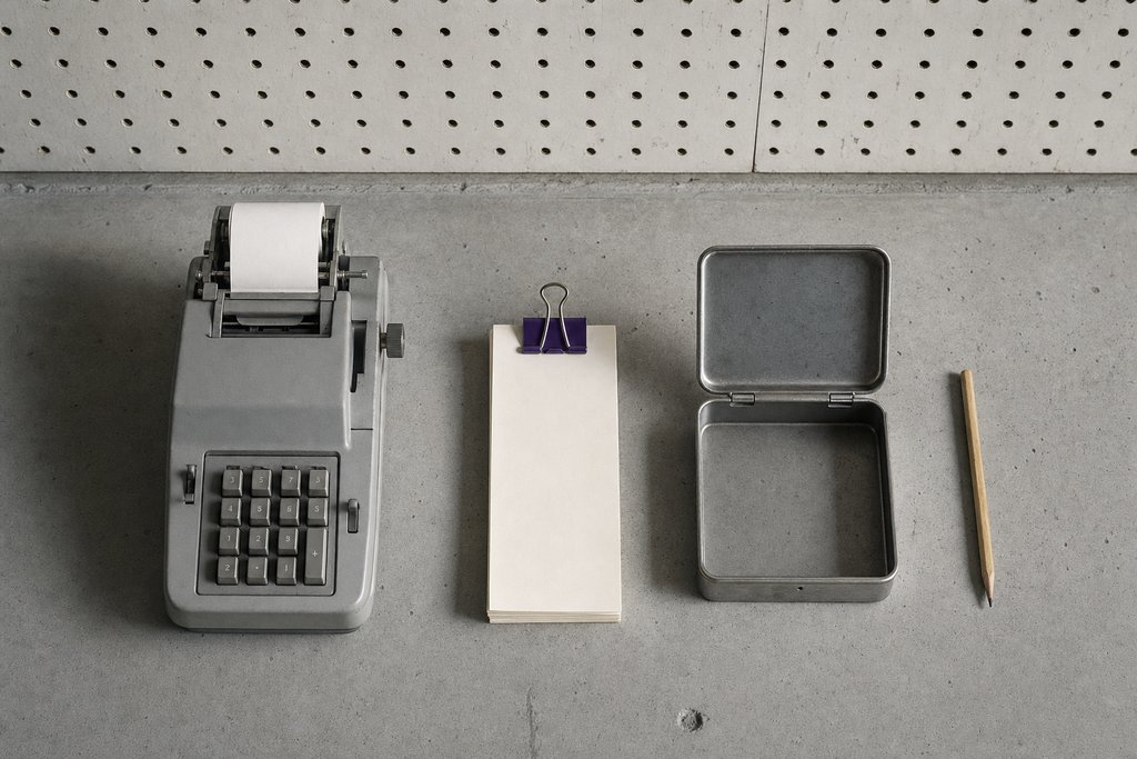 Mechanische Addiermaschine, ein Stapel leerer Belegzettel mit violetter Klammer und eine offene leere Geldkassette aus Stahl