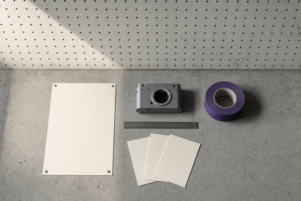 Leeres helles Plakatblatt flach aufgesteckt, ein Kameragehäuse ohne Beschriftung, eine violette Gewebeband-Rolle und ein Stahllineal