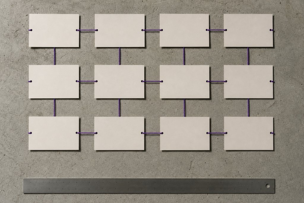 Zwölf leere helle Karten im Raster auf Sichtbeton, verbunden durch gespannte violette Baumwollfäden, unten ein Stahllineal
