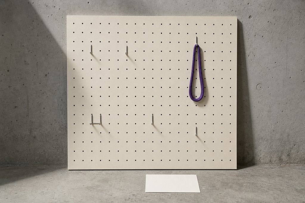 Leere helle Lochplatte an Sichtbeton gelehnt, wenige Stahlhaken, an einem hängt eine violette Baumwollschlaufe