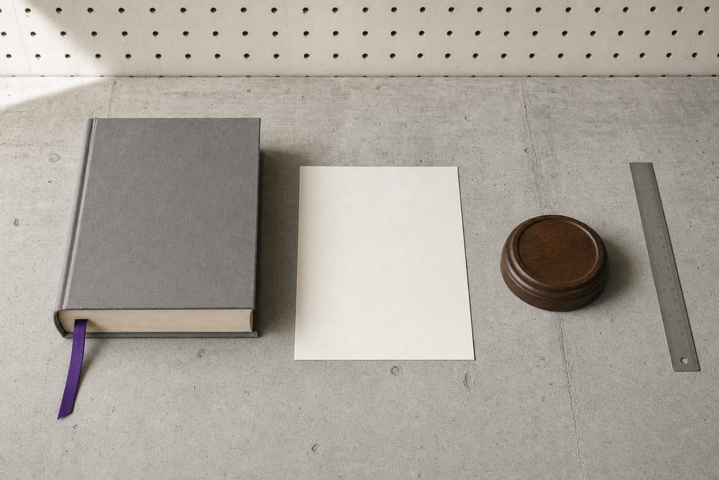 Dickes graues Leinenbuch geschlossen auf Sichtbeton, ein violettes Lesebändchen ragt heraus, daneben ein leeres Blatt und ein Stahllineal