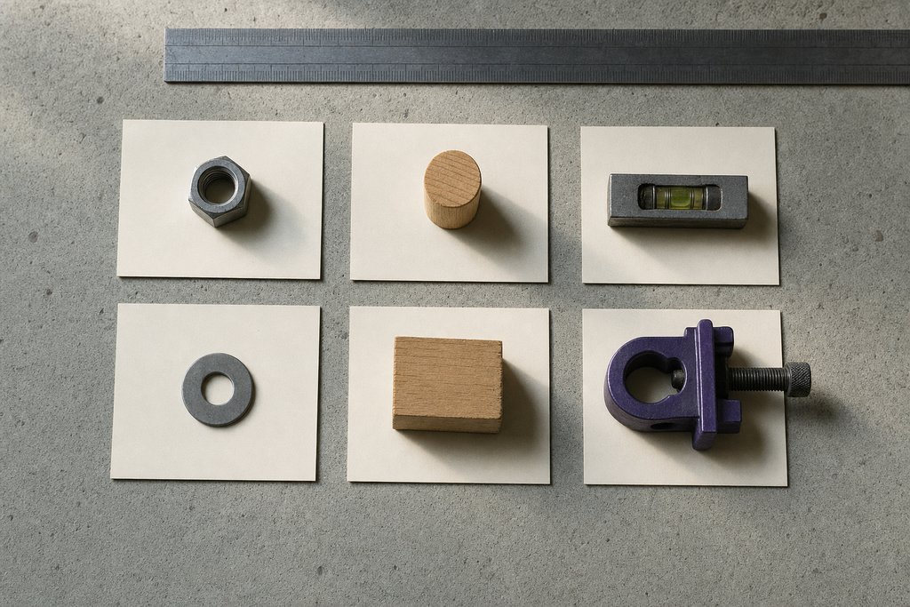 Sechs leere Karten in zwei Reihen auf Sichtbeton, jede von einem grauen Werkstattgegenstand beschwert, eine violette Klemme dabei