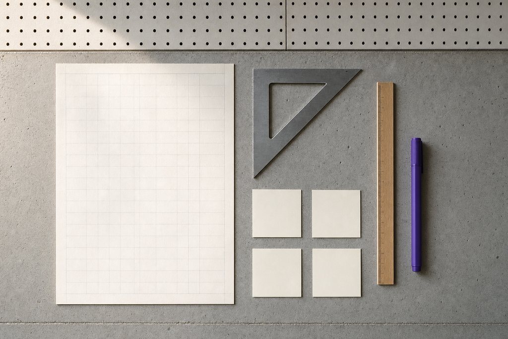 Großes leeres Rasterblatt mit feinen Linien, ein Stahlgeodreieck, ein Holzlineal, ein violetter Marker und vier leere Haftzettel