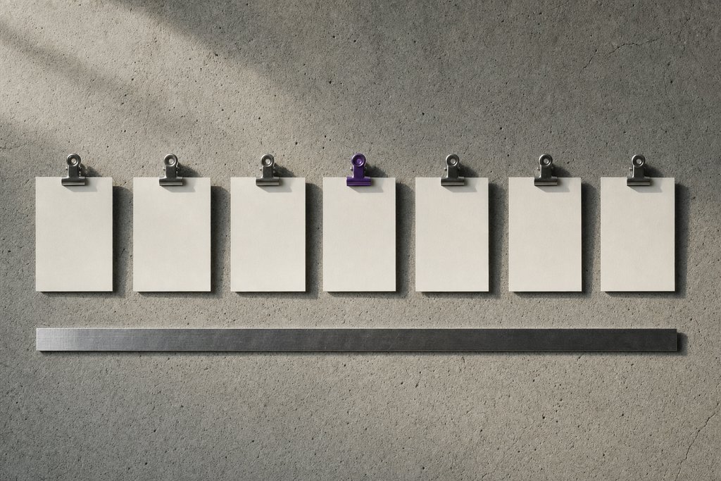 Sieben leere Karteikarten in einer Reihe auf Sichtbeton, jede von einer Klammer gehalten, die vierte violett