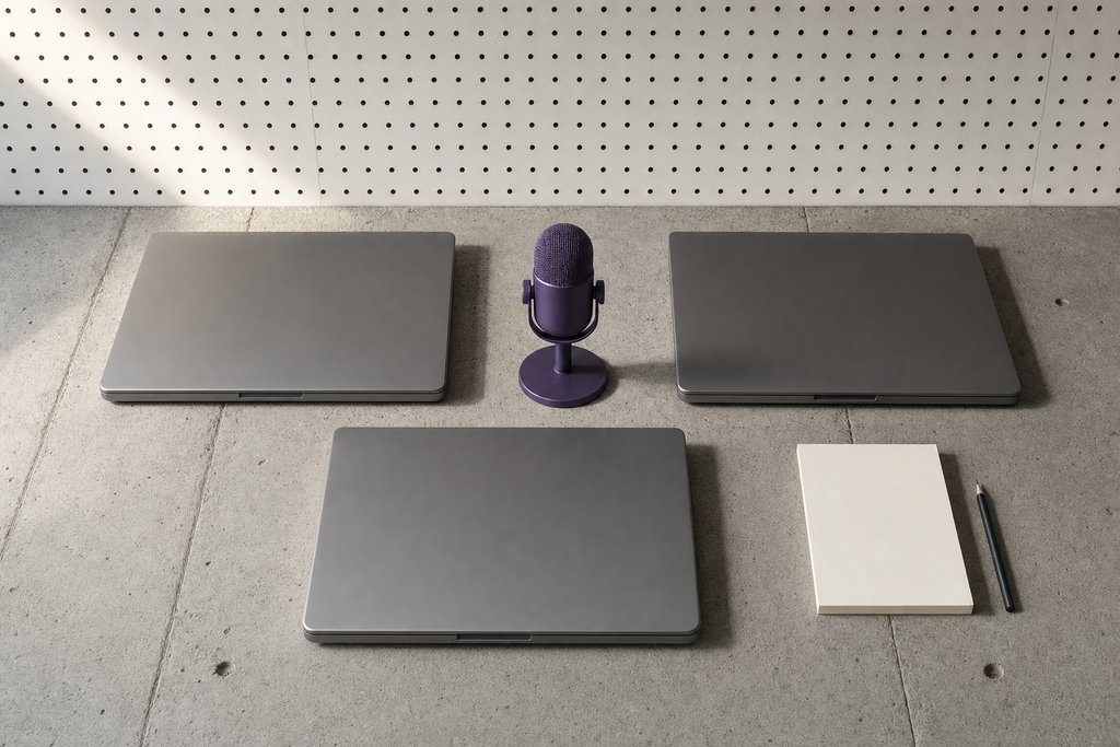 Drei geschlossene graue Laptops im Dreieck angeordnet, in der Mitte ein violettes Tischmikrofon, daneben Notizblock und Bleistift
